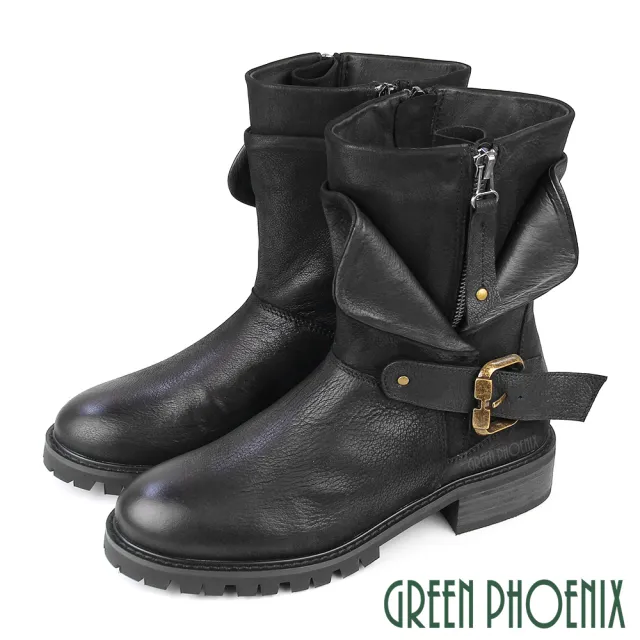 【GREEN PHOENIX 波兒德】女 短靴 工程靴 機車靴 騎士靴 厚底 牛皮 全真皮 拉鍊 大翻領(深綠、黑色)