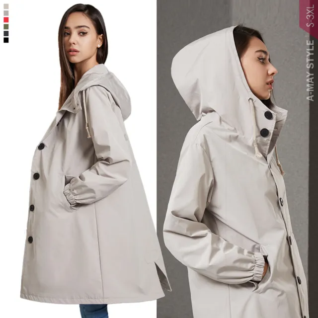 【Amay Style 艾美時尚】中大尺碼女裝 外套 防潑水俐落剪裁後開岔寬鬆連帽風衣外套。S-3XL(6色.預購)