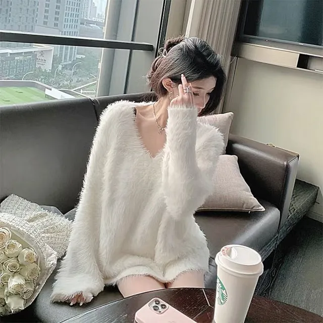 【D.studio】韓版簡約寬鬆中長慵懶風毛毛上衣(針織上衣 毛衣 長袖上衣 女裝 衣服 寬鬆上衣 顯瘦上衣 W246)