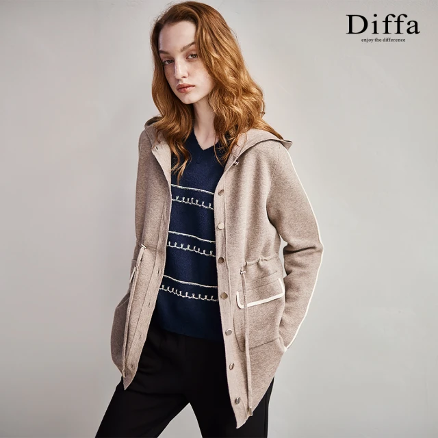 Diffa 長版連帽貼袋設計毛衣外套-女