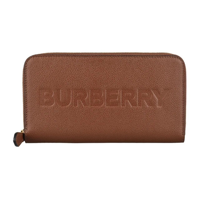 BURBERRY 巴寶莉 BURBERRY大寫壓印LOGO拉鍊荔枝紋牛皮12卡ㄇ字型長夾(棕)