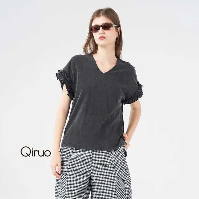 【Qiruo 奇若名品】特殊雙布料棉質 小荷葉袖口黑色短袖上衣2414A 