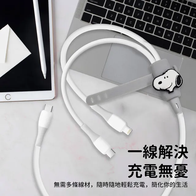 【SNOOPY 史努比】100W Type-C to Lightning/Type-C 二合一快充充電線(附造型束線帶)
