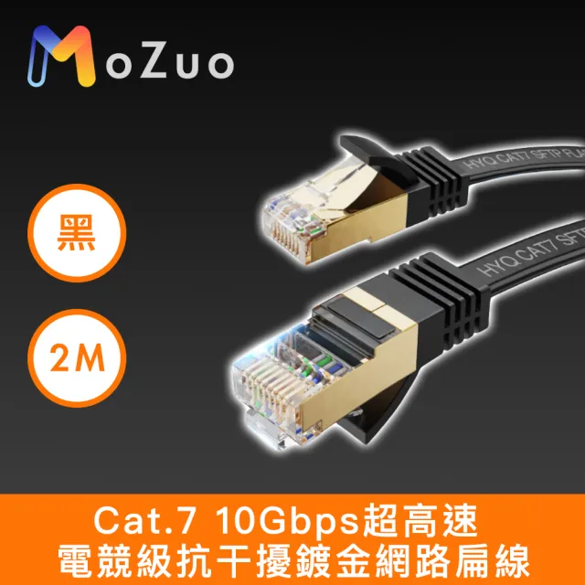 【魔宙】Cat.7 10Gbps超高速 電競級抗干擾鍍金網路扁線 黑 2M