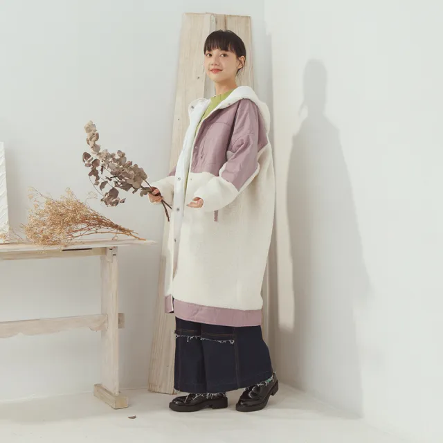 【MOSS CLUB】金屬四合釦顆粒絨毛拼接連帽長袖外套(咖 紫)