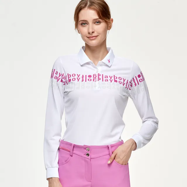 【PLAYBOY GOLF】女款LOGO印花高爾夫薄長袖POLO衫-白(吸濕排汗/抗UV/GOLF/高爾夫球衫/KA24201-87)