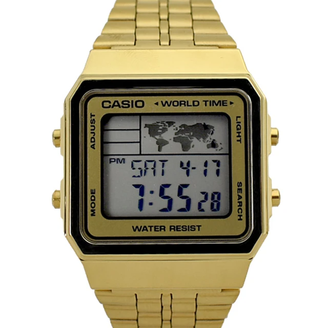 CASIO 卡西歐 CASIO手錶 復刻方型地圖金色鋼錶(電子錶)