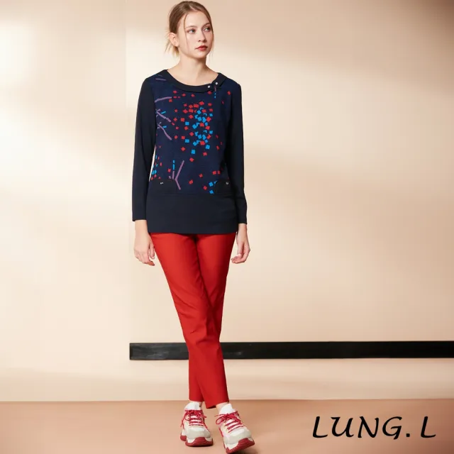 【LUNG.L 林佳樺】LR29A藍色前片拼接提花長版長袖女裝上衣(秋冬新品 加大尺碼)