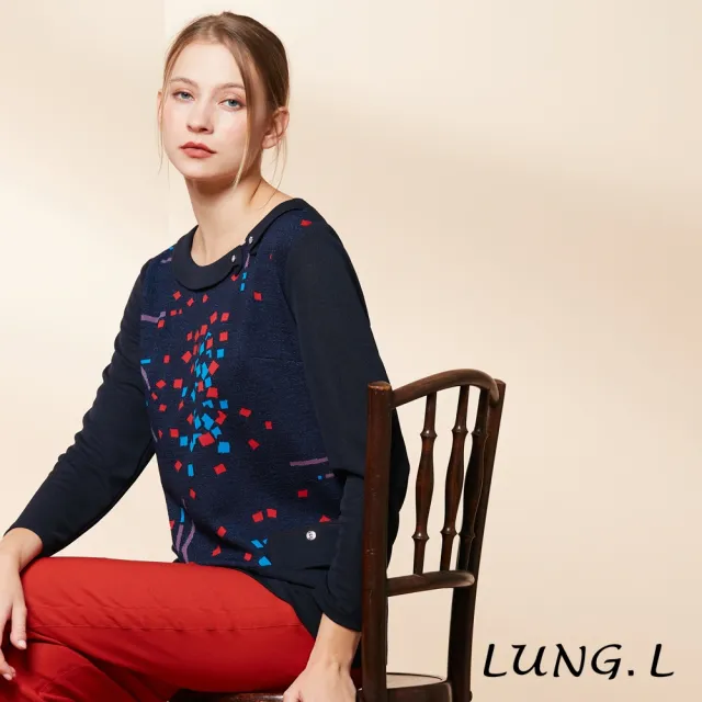 【LUNG.L 林佳樺】LR29A藍色前片拼接提花長版長袖女裝上衣(秋冬新品 加大尺碼)