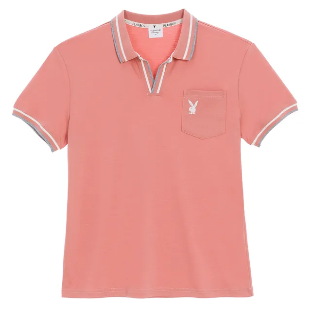 【PLAYBOY】V領配色羅紋POLO衫(粉色)