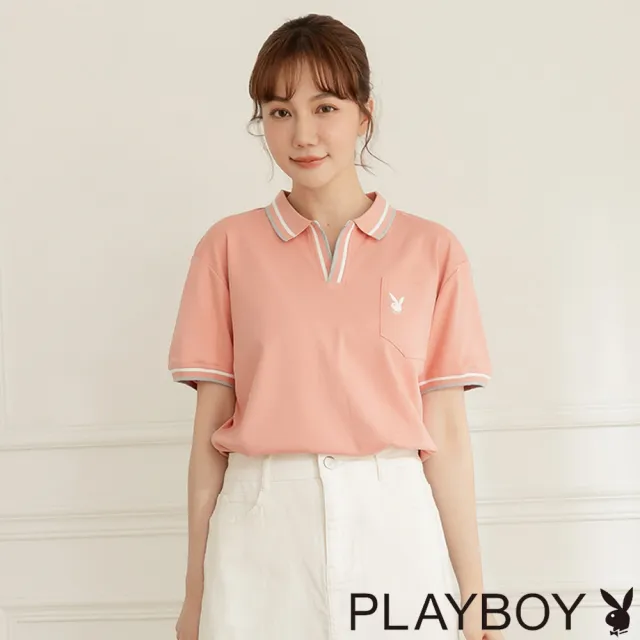 【PLAYBOY】V領配色羅紋POLO衫(粉色)