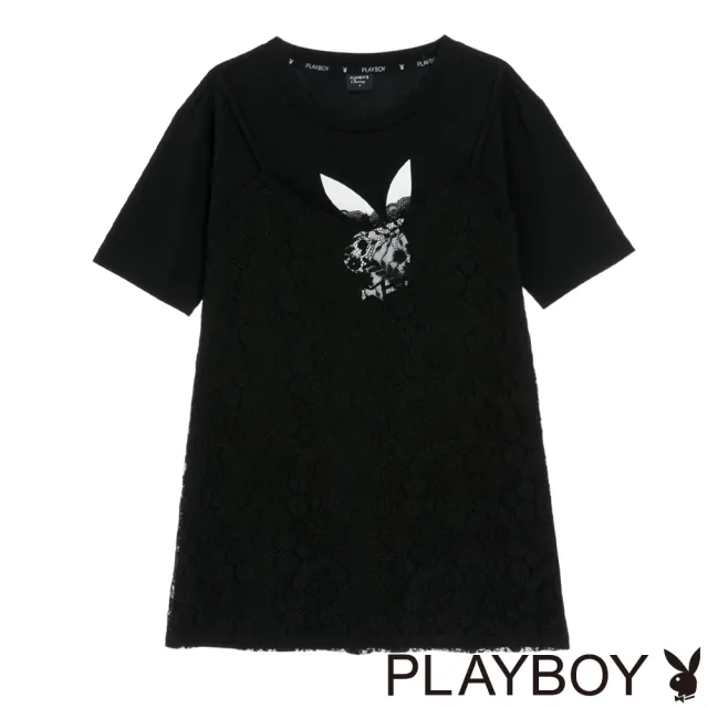 【PLAYBOY】假兩件蕾絲背心長上衣(黑色)
