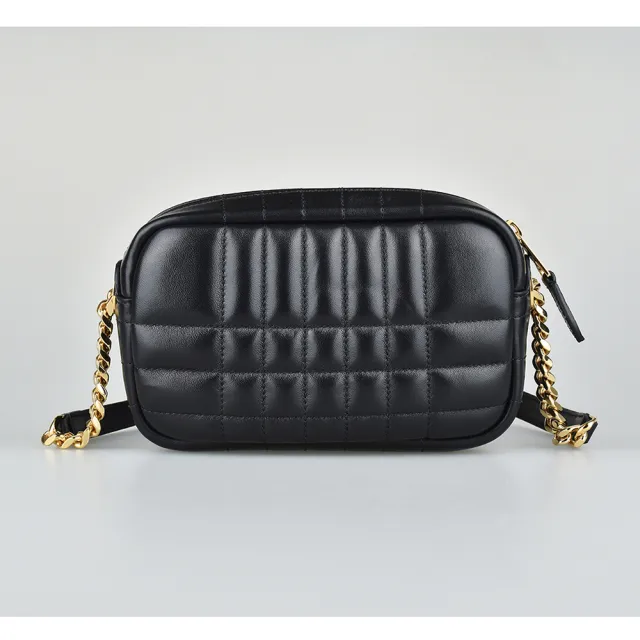 【BURBERRY 巴寶莉】BURBERRY LOLA LOGO拉鍊格紋小羊皮斜背相機包(典藏米)