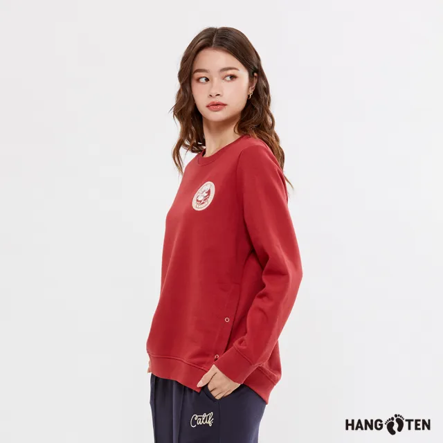 【Hang Ten】女裝-寬鬆落肩側開衩刷毛大學T(多色選)