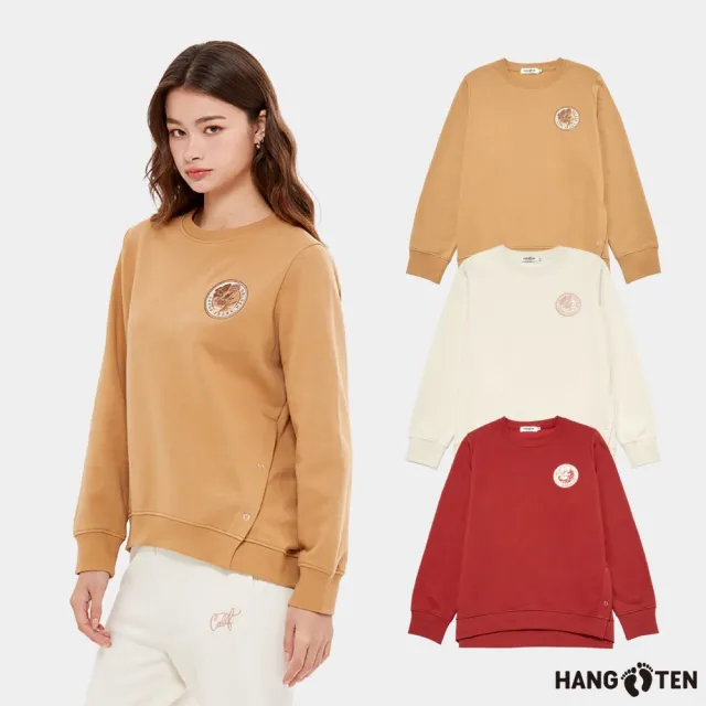 【Hang Ten】女裝-寬鬆落肩側開衩刷毛大學T(多色選)