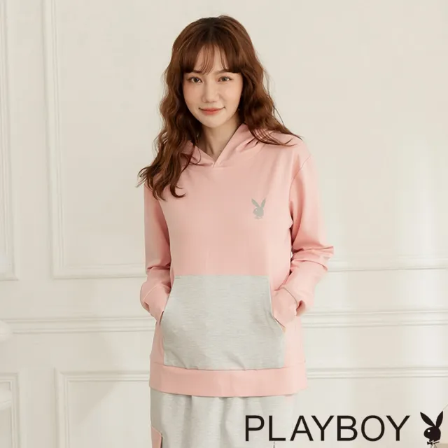 【PLAYBOY】連帽撞色貼袋衛衣(粉色)