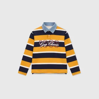 【GAP】男童裝 Logo純棉印花長袖POLO衫-藍黃條紋(642770)