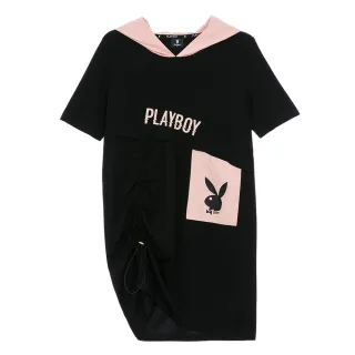 【PLAYBOY】經典撞色拼接連帽洋裝(黑色)