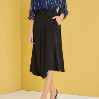 【YUTZUYA 優姿雅】時尚風範不規則剪裁拼接厚磅棉感長裙(半身裙/直條紋/高彈力/不易皺/兩側口袋)