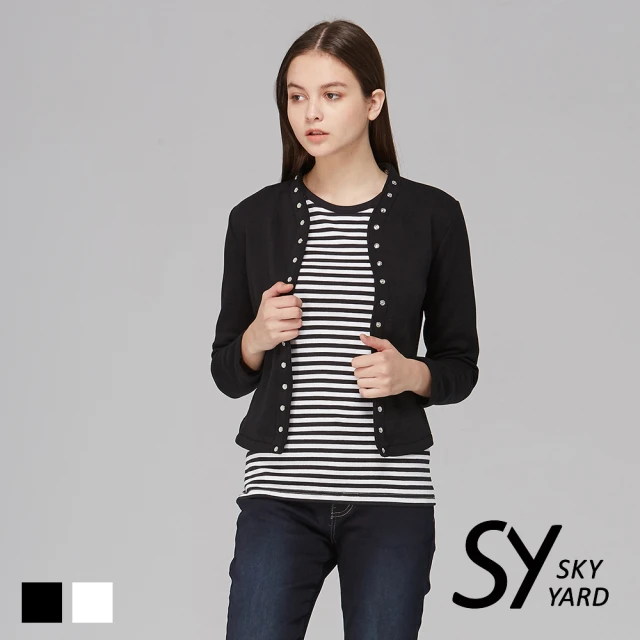 SKY YARD 小立領珠光釦短版刷毛外套(黑色)