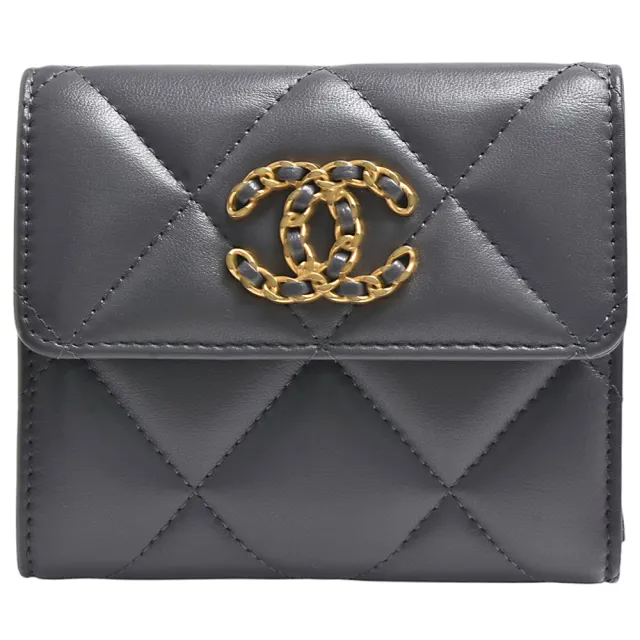 【CHANEL 香奈兒】19系列經典金屬雙C LOGO菱格紋小羊皮三折短夾(灰色AP2809L-GRAY-GPN)