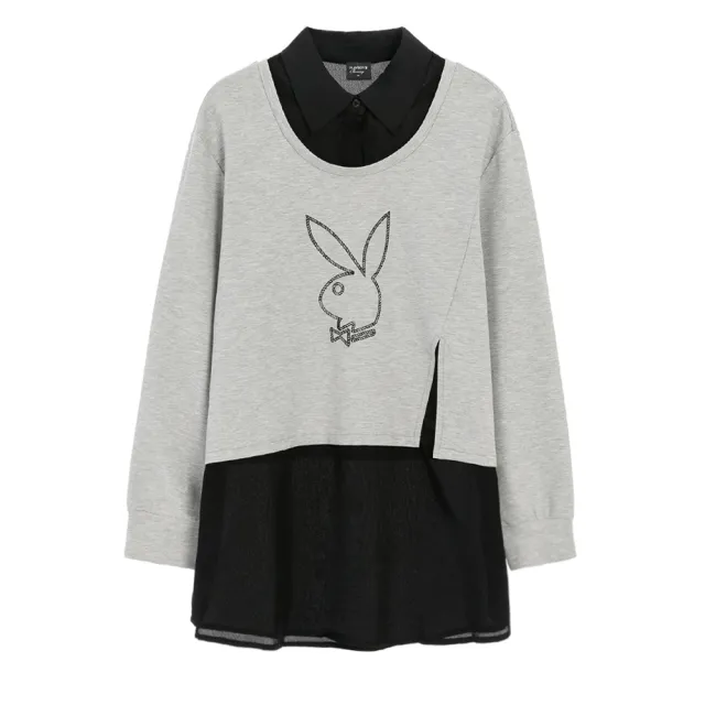 【PLAYBOY】假兩件拼接襯衫領長上衣(灰色)