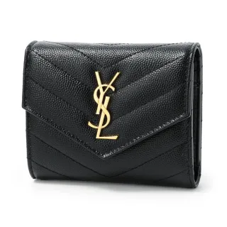 【YSL】SAINT LAURENT Cassandre 荔枝皮 皮革 多摺開釦 短夾 卡夾 零錢包 黑色 金色 692061