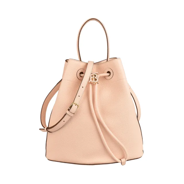 【BURBERRY 巴寶莉】BURBERRY縮寫字母LOGO束口牛皮手提斜背水桶包(桃粉)