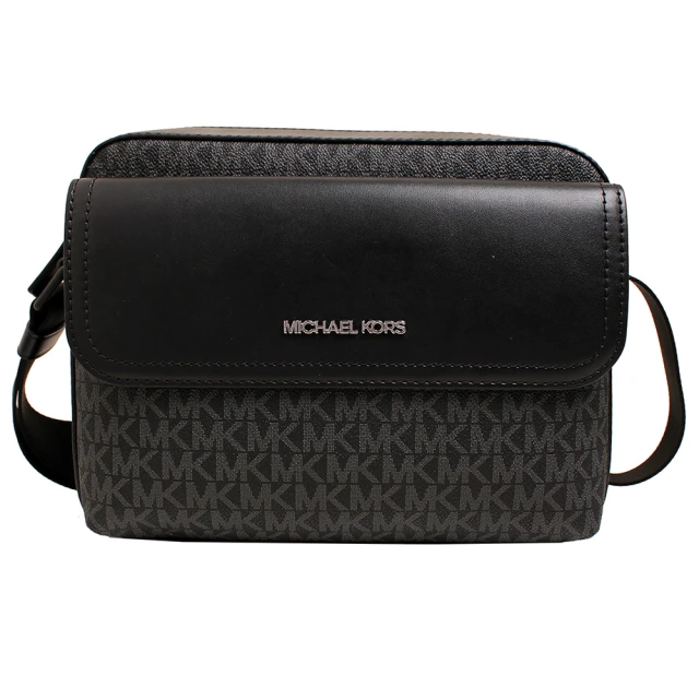 Michael Kors MK COOPER立體LOGO拼接皮革鍊斜背包/MK男包/相機包(滿版黑)