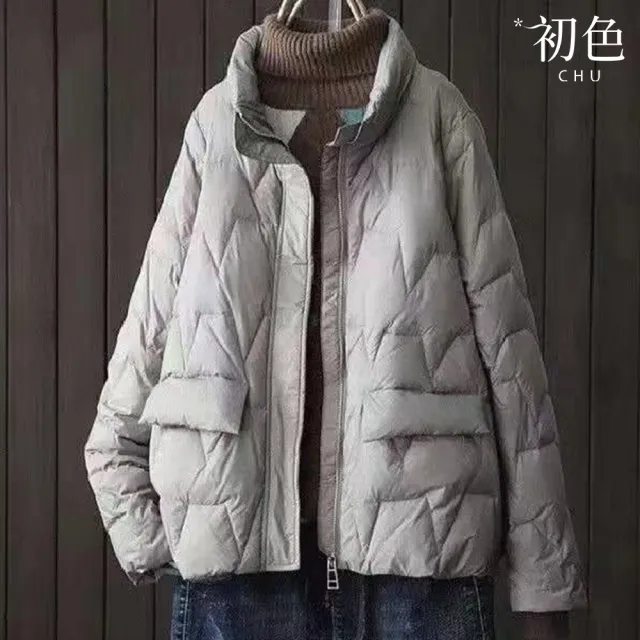 【初色】韓版輕薄短款純色拉鍊口袋立領長袖科技保暖纖維棉服外套女外套-共6色-39431(M/L可選)