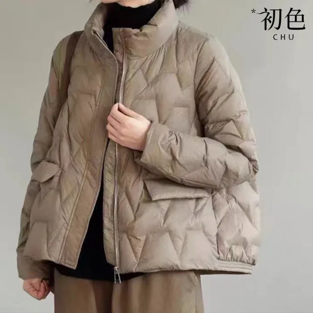 【初色】韓版輕薄短款純色拉鍊口袋立領長袖科技保暖纖維棉服外套女外套-共6色-39431(M/L可選)