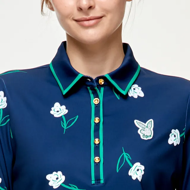 【PLAYBOY GOLF】女款花朵吸濕排汗高爾夫長袖POLO衫-深藍(GOLF/高爾夫球衫/KA24211-58)