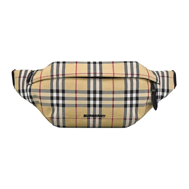 【BURBERRY 巴寶莉】BURBERRY SONNY LOGO拉鍊格紋尼龍胸腰包(典藏米)
