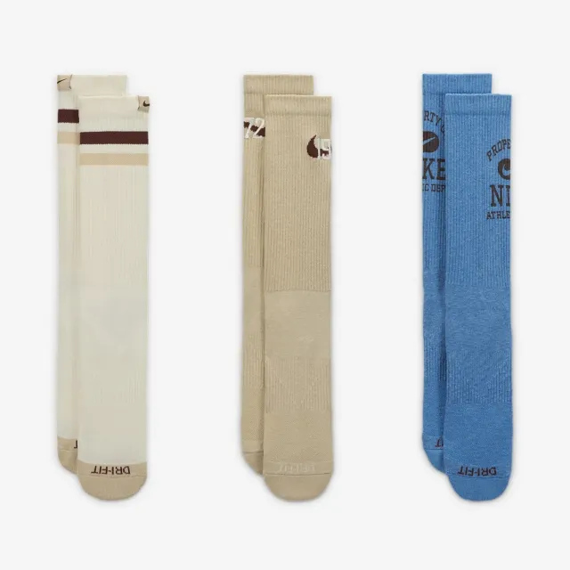 【NIKE 耐吉】中筒襪 運動襪 男 女 中性款 U NK ED CSH CREW 3PR-144 VRSTY 米白 卡其 藍 3雙組(FQ0325901)