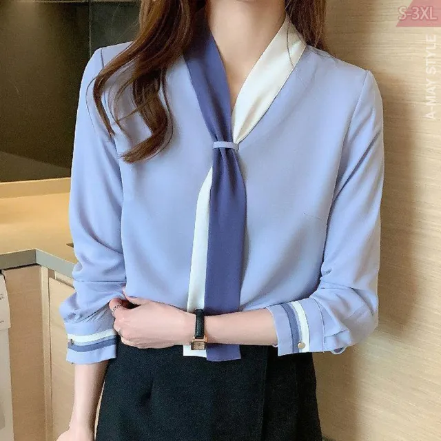 【Amay Style 艾美時尚】現貨 中大尺碼女裝 襯衫 雪紡衫 時尚撞色領巾風長袖雪紡感上衣。S-3XL(3色)