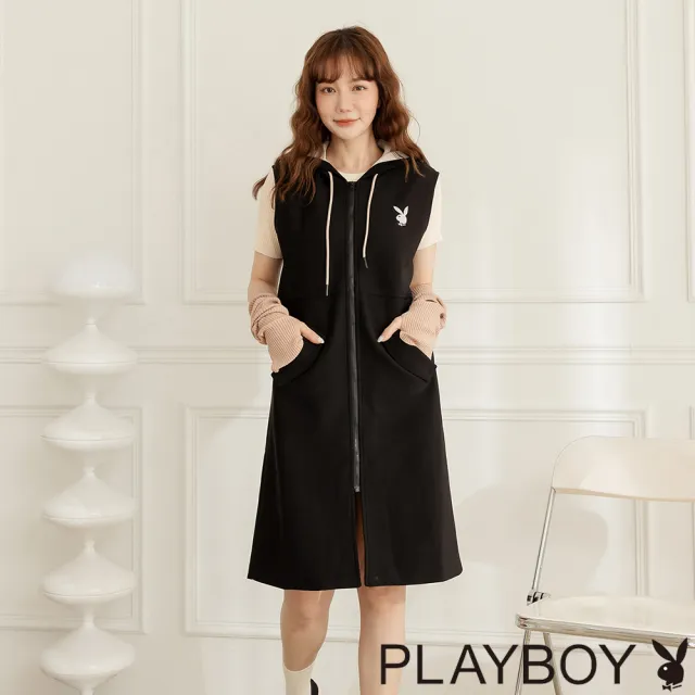 【PLAYBOY】撞色連帽兩穿背心洋裝(黑色)