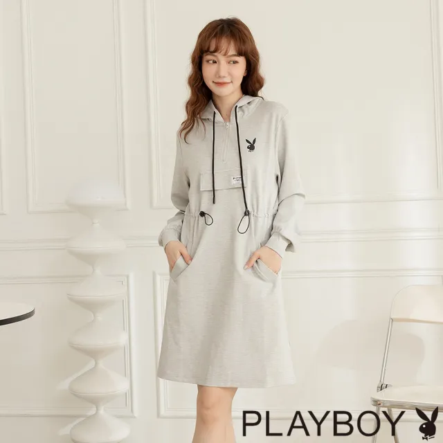 【PLAYBOY】羅馬布縮腰連帽洋裝(灰色)
