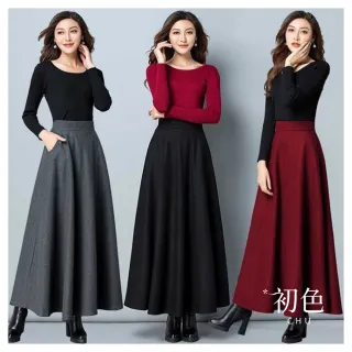 【初色】純色收腰瘦身口袋高腰中長款大擺裙A字裙毛呢中長裙半身裙-共2款4色-39438(M-3XL可選)