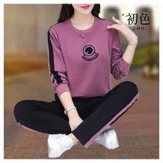 【初色】韓版拼接拉條印花圓領長袖T恤女上衣+中腰直筒褲休閒褲長褲套裝-共4色-39451(M-4XL可選)