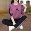 【初色】韓版拼接拉條印花圓領長袖T恤女上衣+中腰直筒褲休閒褲長褲套裝-共4色-39451(M-4XL可選)