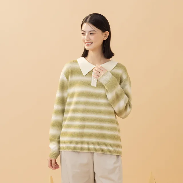 【MOSS CLUB】彩虹漸層文青翻領長袖毛衣(綠 駝 灰/魅力商品)