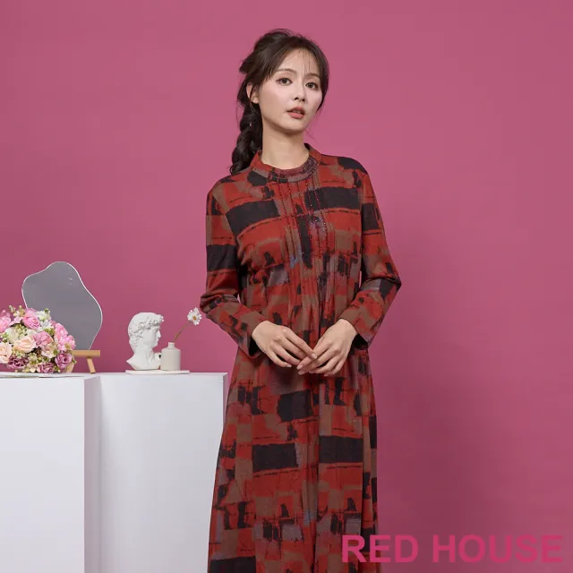 【RED HOUSE 蕾赫斯】幾何印花磨毛修身洋裝(橘紅色)