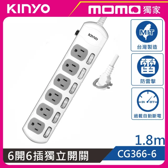【KINYO】6開6插安全延長線1.8M MOMO獨家規格(CG3666)