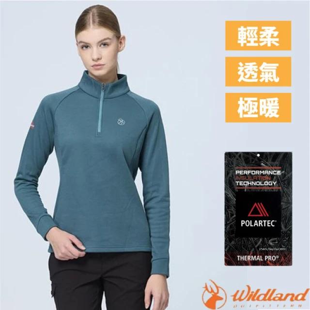 Wildland 荒野 女 Polartec 彈性類羊毛半開襟保暖排汗衣_透氣.吸濕快乾(P2619-170希臘藍)