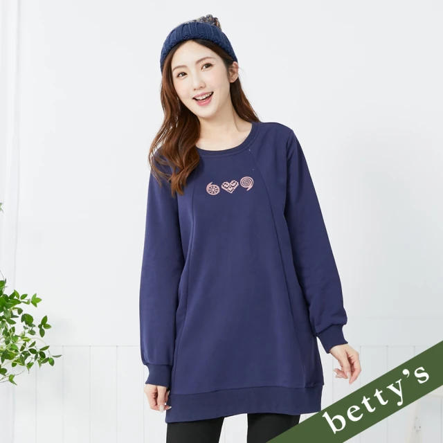 betty’s 貝蒂思 兔子刺繡拼接內刷毛長版T-shirt(深藍)