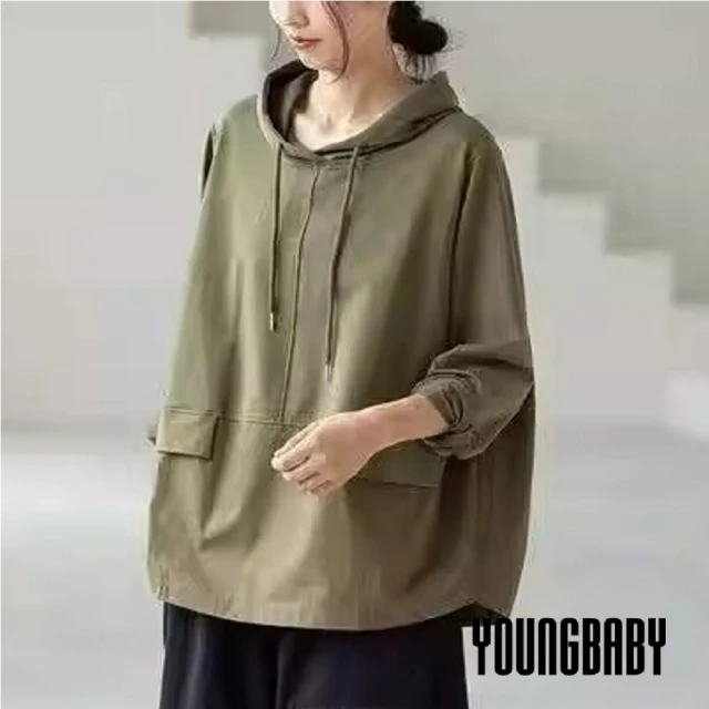 YOUNGBABY 後開叉下拼接連帽垂繩織衣上衣 中大尺碼女裝