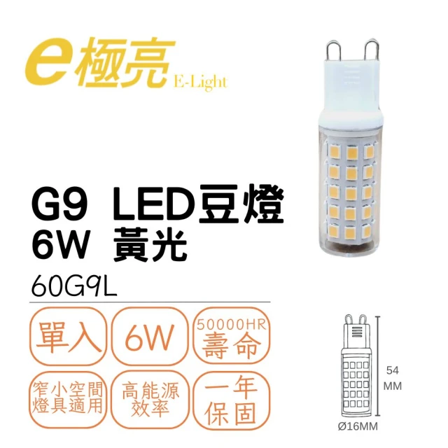 E極亮 6W LED豆燈 LED豆泡 G9豆燈 G9豆泡 適用窄小空間燈具 6瓦(黃光)