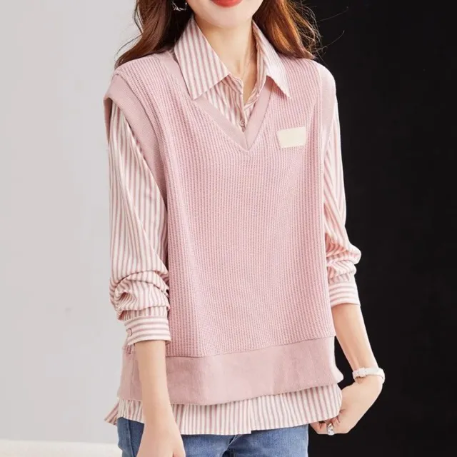 【Alishia】V領寬鬆假兩件條紋長袖女襯衫 女上衣 M-2XL(粉色)