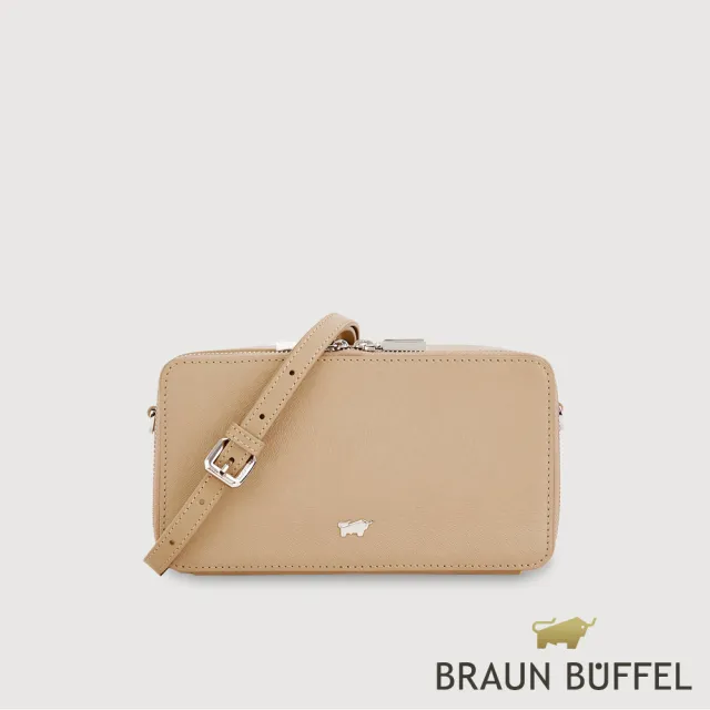 【BRAUN BUFFEL 德國小金牛】依雅娜 雙拉鍊斜背包-奶茶棕(BF853-11-SVM) 女包送禮推薦