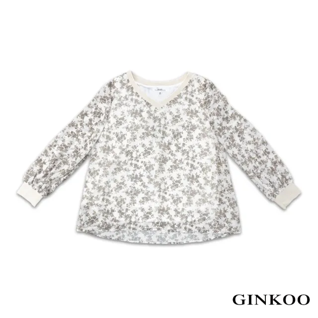 【GINKOO 俊克】V領羅紋金蔥雪紡印花上衣